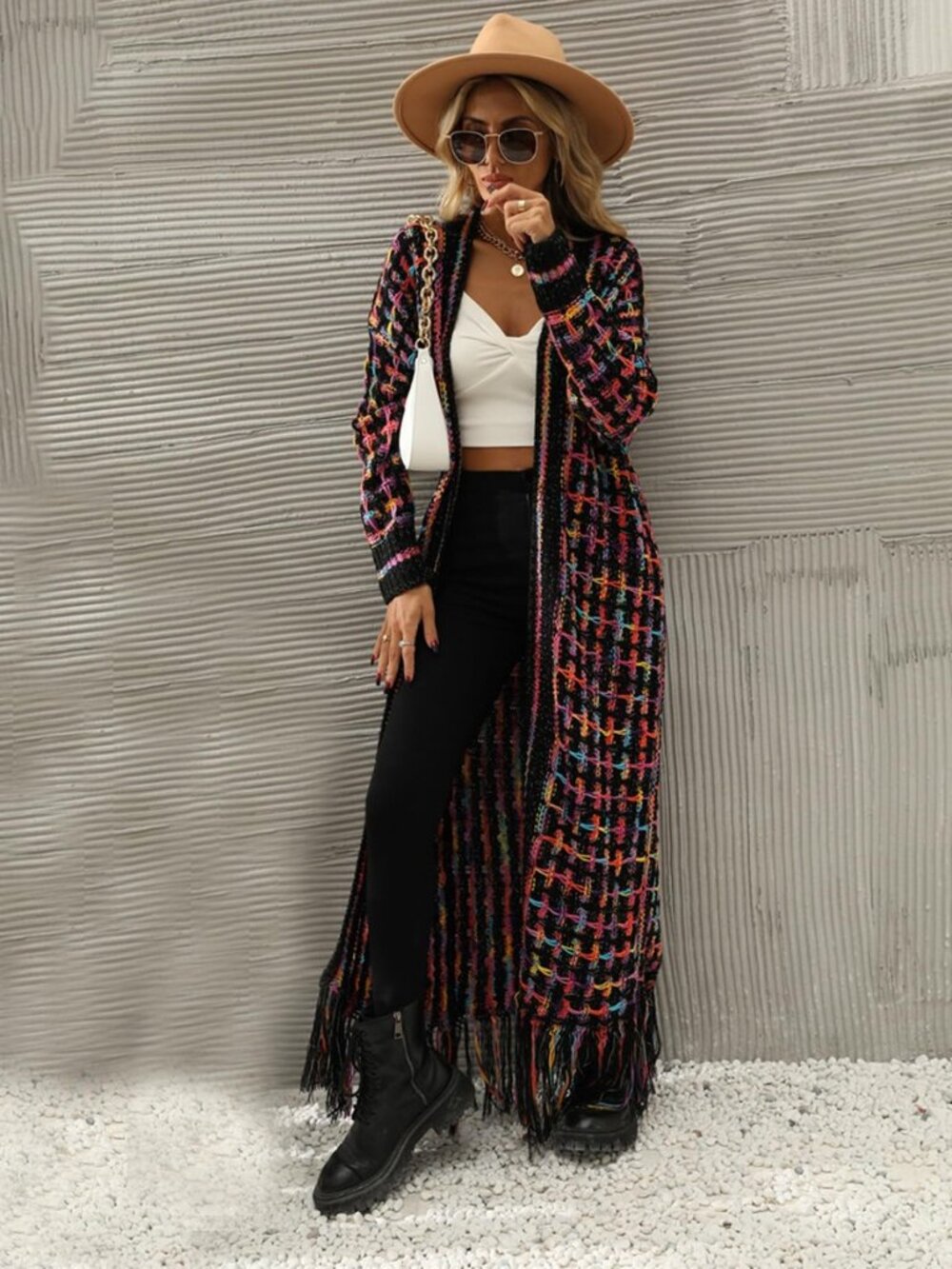 Womens Boho Cardigan Sweater Open Front Fringed Tassels Aztec Maxi Cardigan - Picture 2 of 8